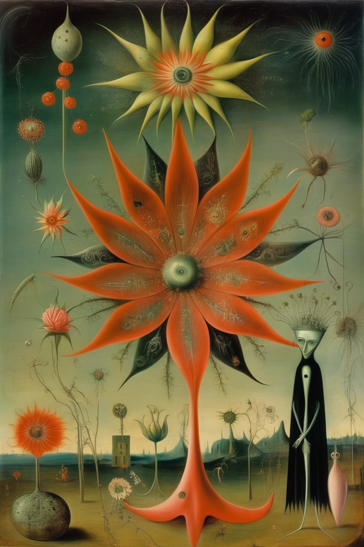<lora:Leonora Carrington Style:1>Leonora Carrington Style - a psycodelic flower with mystic symbols in the surrealist styl...